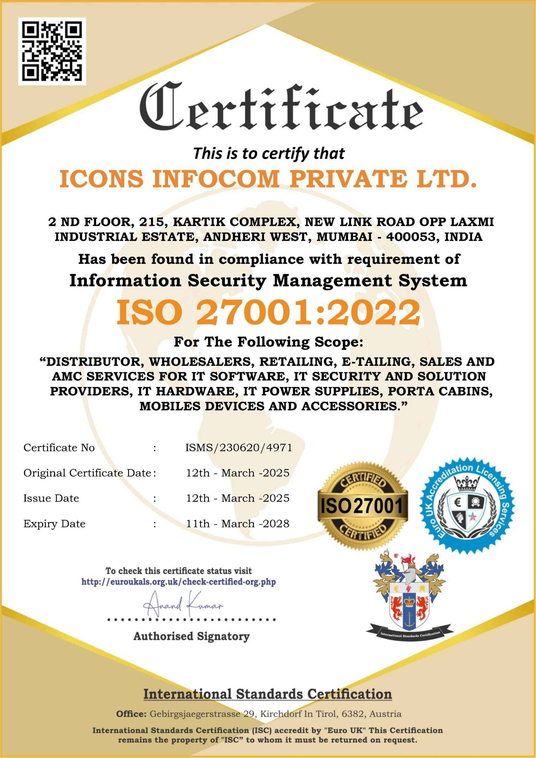 ICONS Infocom ISO Certification 2